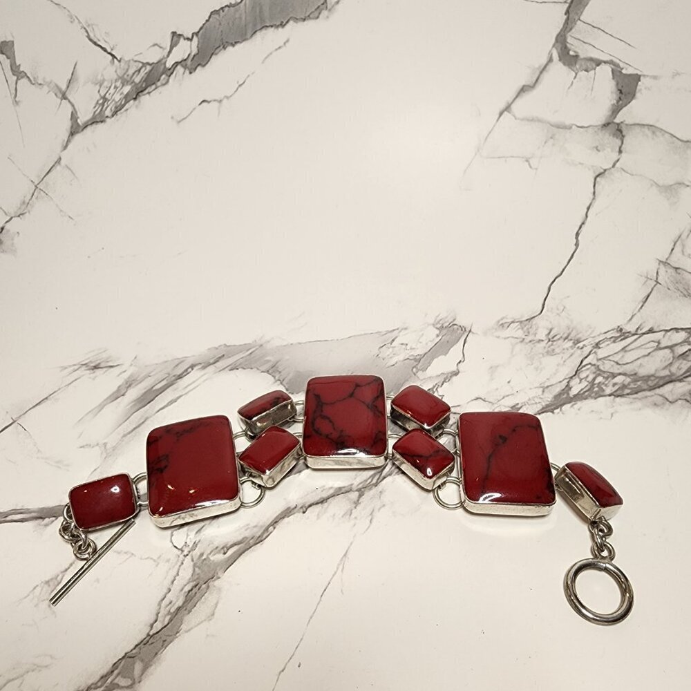 Vintage Heavy Red Jasper 925 Silver Bracelet - Picture 6 of 11